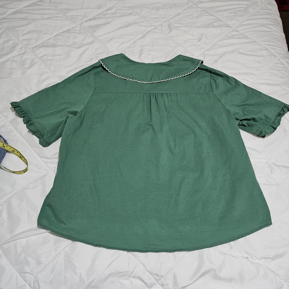 Vintage Green Blouse Short Sleeve Lightweight Romantic Peter Pan Collar - Picture 13 of 13